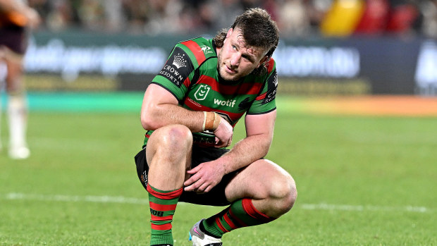 SUNSHINE COAST, AUSTRALIA - JULY 21: Jai Arrow of the Rabbitohs looks dejected after his team loses the round 21 NRL match between South Sydney Rabbitohs and Brisbane Broncos at Sunshine Coast Stadium on July 21, 2023 in Sunshine Coast, Australia. (Photo by Bradley Kanaris/Getty Images)