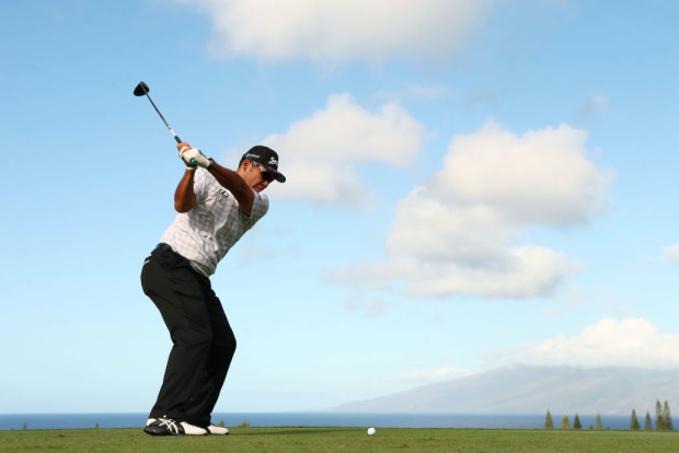Hideki Matsuyama of Japan plays his shot from the first tee during the second round of The Sentry 2025.