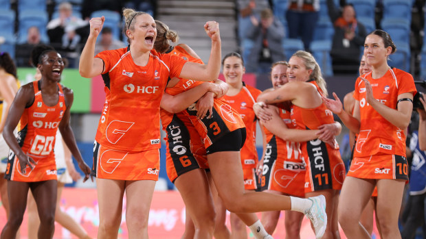 Jo Harten of the Giants celebrates victory during the round five Super Netball match between Giants Netball and Sunshine Coast Lightning at Ken Rosewall Arena on May 11, 2024 in Sydney, Australia. (Photo by Jason McCawley/Getty Images)