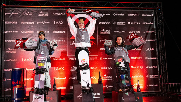 Scotty James (centre) celebrating atop the podium at the Laax Open.