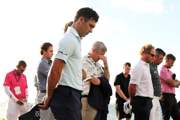 Billy Horschel of the United States stands with other PGA tour members during a Celebration of Life service honouring Grayson Murray.