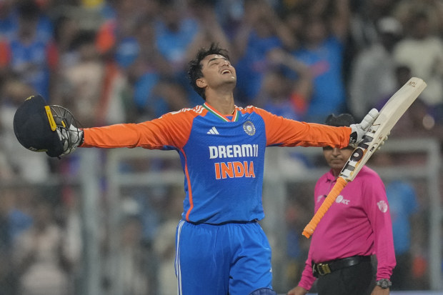 India's Abhishek Sharma celebrates after scoring a century.