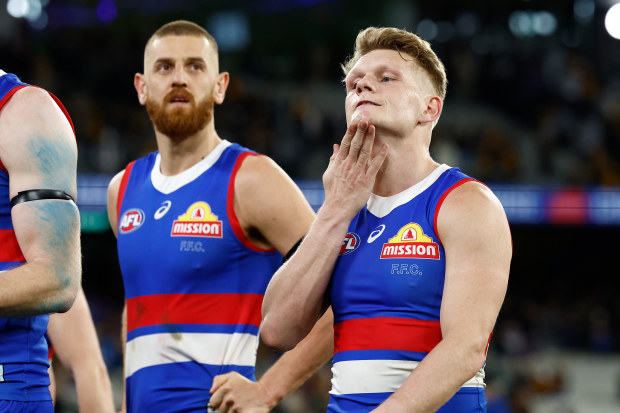 Adam Treloar of the Bulldogs looks dejected after their 2024 elimination final loss.