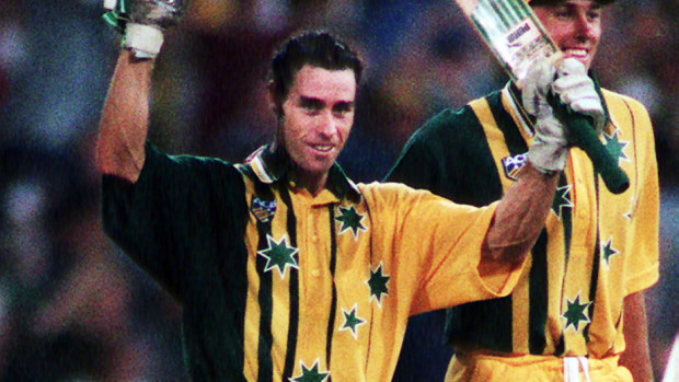 Michael Bevan celebrates the iconic 1996 victory.