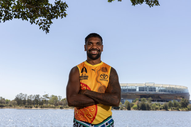 Liam Ryan of the Eagles and Indigenous All Stars squad member poses with the new jumper.