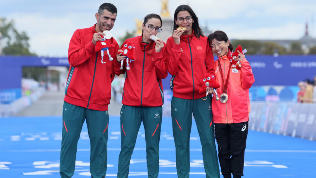 Gold medalist, Fatima Ezzahra El Idrissi of Team Morocco (2R), Silver medalists, Meryem En-Nourhi and guide Abdelhadi El Harti of Team Morocco (L) and Bronze medalist, Misato Michishita of Team Japan (R).