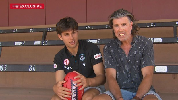 Power rookie Tom Cochrane with dad Stuart, himself a former Port Adelaide player.
