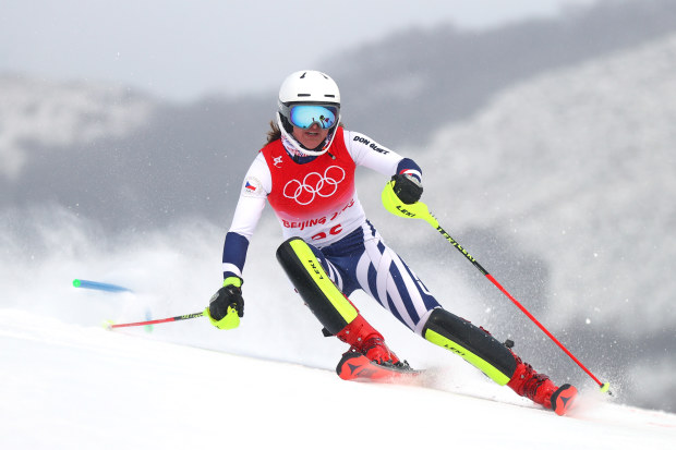 Tereza Nova of Team Czech Republic skis during the Women's Alpine Combined Slalom during Beijing 2022 Winter Olympic Games.