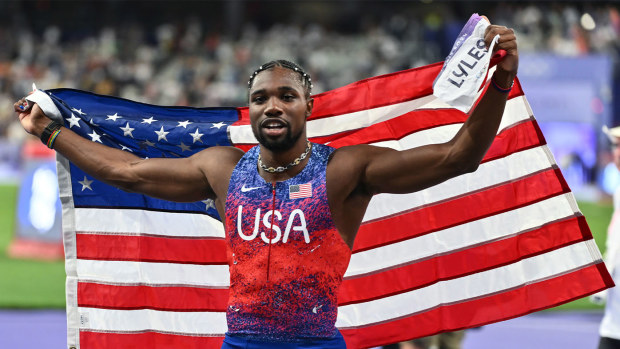 Noah Lyles celebrates his pulsating win.