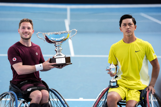 Alfie Hewett of Great Britain and Tokito Oda of Japan pose with their trophies.