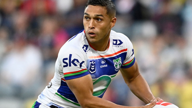 Te Maire Martin runs the ball for the Warriors against the Cowboys in round 14.