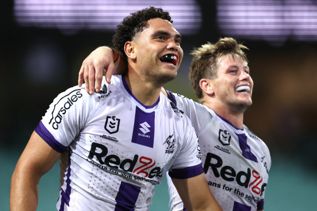 Xavier Coates of the Storm celebrates scoring a try during the round 20 NRL match between Sydney Roosters and Melbourne Storm at Sydney Cricket Ground on July 15, 2023 in Sydney, Australia. (Photo by Jeremy Ng/Getty Images)