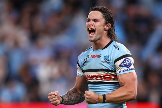 Nicho Hynes celebrates a win in Sharks colours.