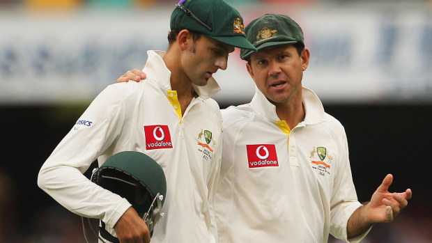 Nathan Lyon and Rick Ponting of Australia leave the field during day one of the First Test match between Australia and New Zealand at The Gabba on December 1, 2011 in Brisbane, Australia. (Photo by Mark Kolbe/Getty Images)