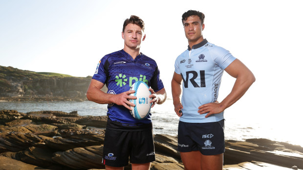 Beauden Barrett of the Blues and Joseph-Aukuso Suaalii of the Waratahs.