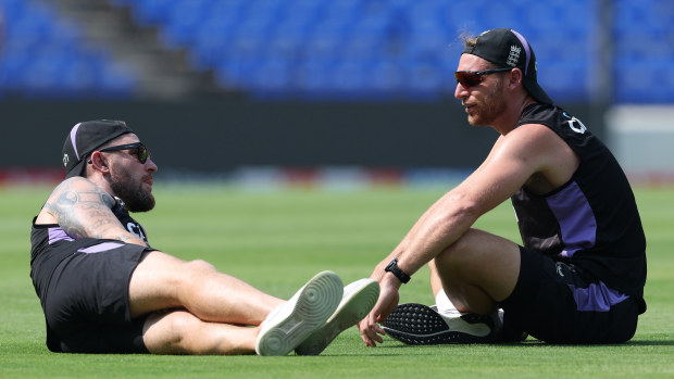 England Head Coach, Brendon McCullum (l) in conversation with England captain Jos Buttler during the England nets session at Vidarbha Cricket Association Ground on February 05, 2025 in Nagpur, India. (Photo by Michael Steele/Getty Images)