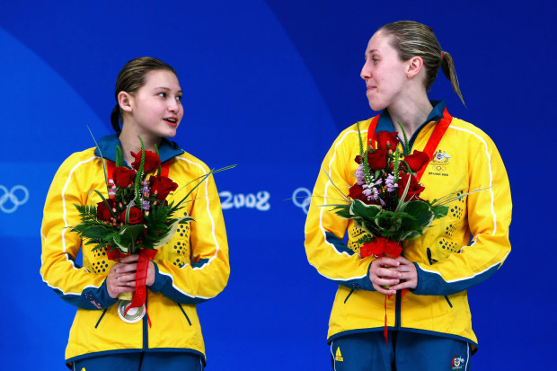 Melissa Wu (left) and Briony Cole celebrate winning gold in the synchronised 10m platform at the Beijing 2008 Olympics.