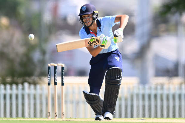 Sam Konstas prods the ball to the off-side at Allan Border Field.