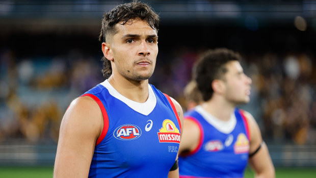 Jamarra Ugle-Hagan of the Bulldogs looks dejected after their 2024 elimination final loss to Hawthorn.