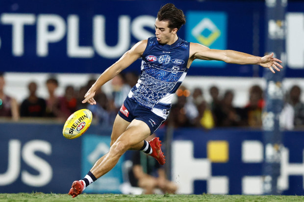 Oisin Mullin of the Cats leaves the field after a win in 2024.