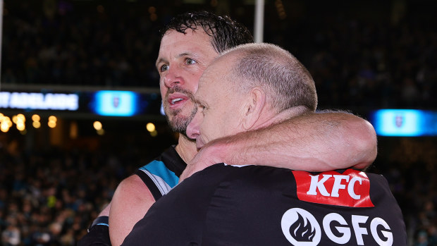 Travis Boak of the Power with Ken Hinkley after the win during the 2024 AFL Second Semi Final.