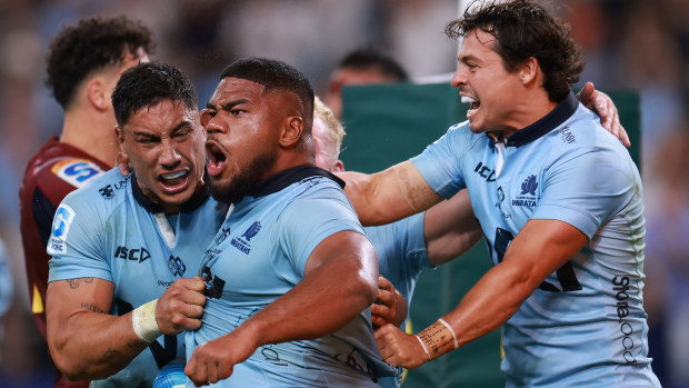 Siosifa Amone of the Waratahs celebrates after scoring the winning try.