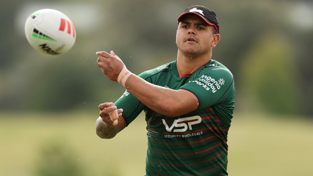 Latrell Mitchell of the Rabbitohs passes during a South Sydney Rabbitohs NRL training session at USANA Rabbitohs Centre on April 09, 2024 in Sydney, Australia. (Photo by Matt King/Getty Images)