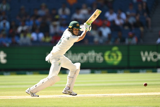 Sam Konstas of Australia plays a shot during day four.