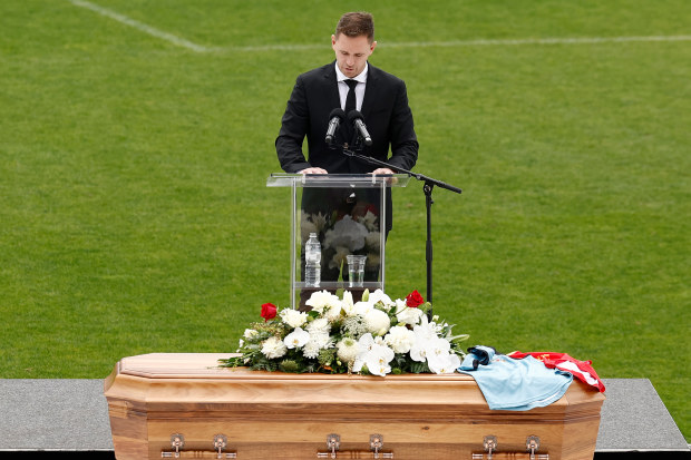 Joel Selwood delivers his eulogy at Troy Selwood's service.