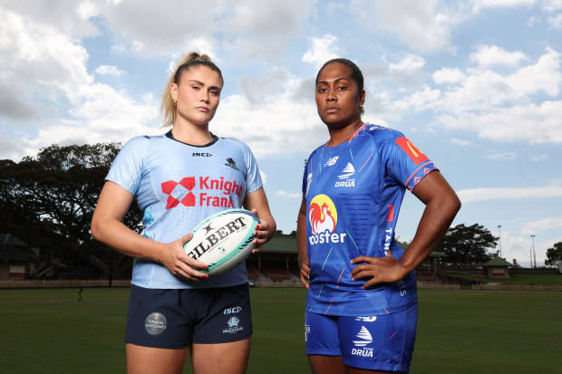 Piper Duck of the NSW Waratahs and Bitila Tawake of the Fijian Drua.
