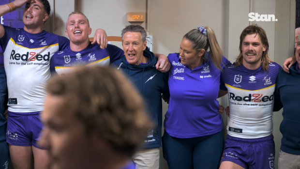 Craig Bellamy sings the Storm victory song.