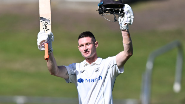 Cameron Bancroft of Western Australia celebrating after scoring a century during the Sheffield Shield match between Tasmania and Western Australia at Blundstone Arena, on February 19, 2024, in Hobart, Australia. (Photo by Steve Bell/Getty Images)