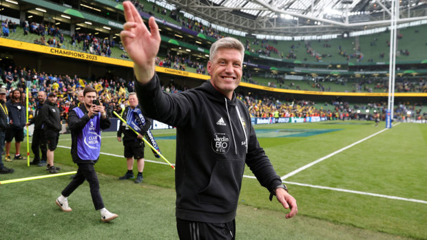 Ronan O'Gara celebrates at Aviva Stadium.