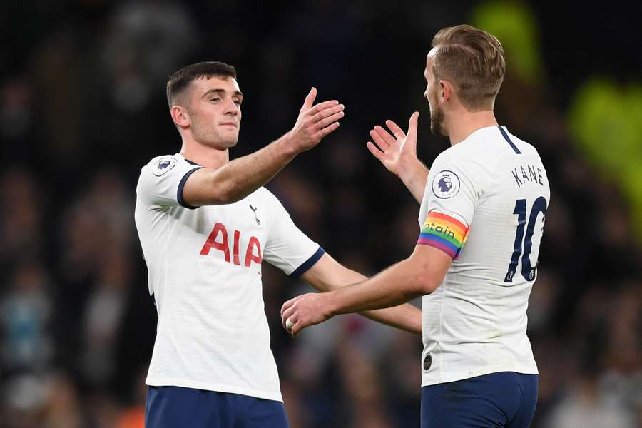 Former Tottenham striker Troy Parrott (L) with Harry Kane after the Premier League match against Burnley in December 2019