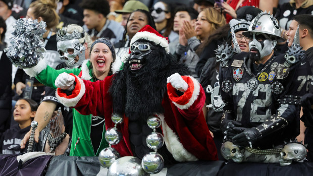 Las Vegas Raiders fans Thomas Thiessen, Marilyn Acasio, Mark "Gorilla Rilla" Acasio and Pablo "Toozak" Navarro look on in the second quarter of the Raiders' game against the Jacksonville Jaguars at Allegiant Stadium on December 22, 2024 in Las Vegas, Nevada. The Raiders defeated the Jaguars 19-14. (Photo by Ethan Miller/Getty Images)