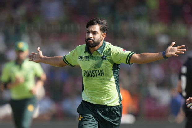 Pakistan speedster Haris Rauf celebrates taking a wicket.