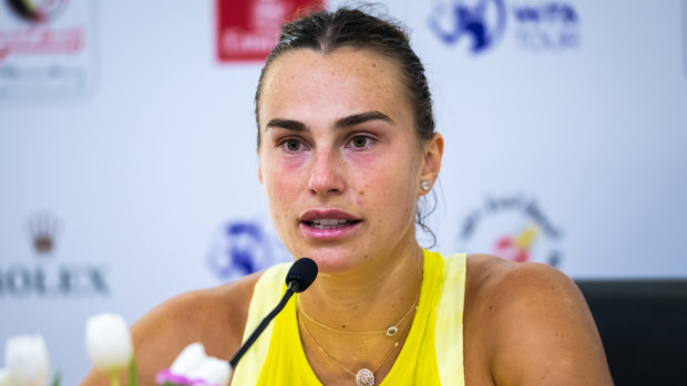 Aryna Sabalenka speaks to media after her exit in Dubai.