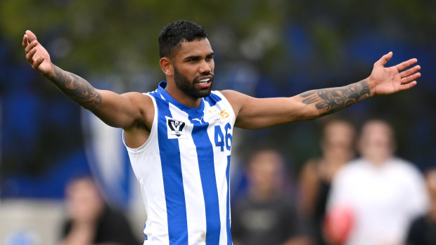 Tarryn Thomas of the Kangaroos stands on the mark during the VFL Practice Match between North Melbourne and Williamstown at Arden Street Ground on March 18, 2023 in Melbourne, Australia. (Photo by Morgan Hancock/Getty Images)