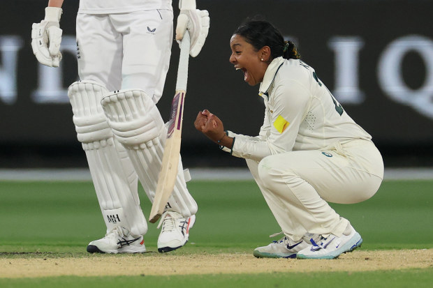 Alana King of Australia celebrating after taking the final wicket to secure victory in the Women's Ashes Test.