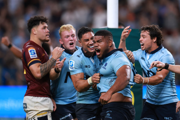 Siosifa Amone of the Waratahs celebrates the match-winning try.