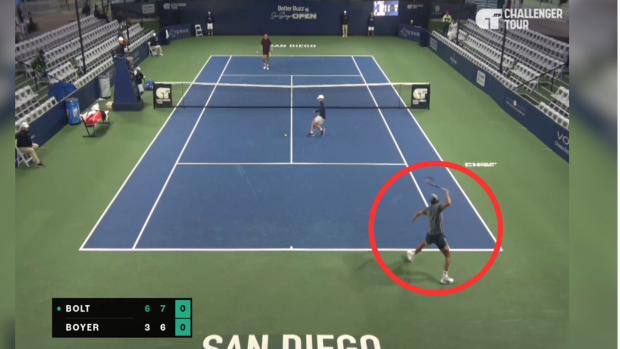 Tristan Boyer smashes his racquet at the San Diego Challenger event.