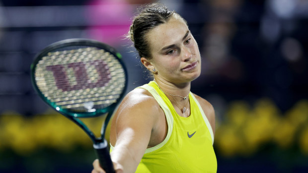 Aryna Sabalenka reacts during her match against Clara Tauson at the Dubai Duty Free Tennis Championships.