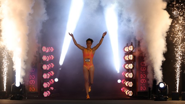 Torrie Lewis is introduced for a 200m race in New York City in September 2024.