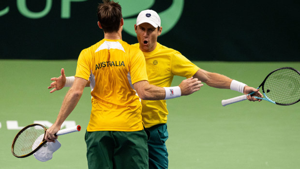 John Peers and Matthew Ebden of Australia celebrate their victory during day 2 of the Davis Cup Qualifier first round match between Sweden and Australia at Royal Tennis Hall on February 1, 2025 in Stockholm, Sweden. (Photo by Michael Campanella/Getty Images for ITF)