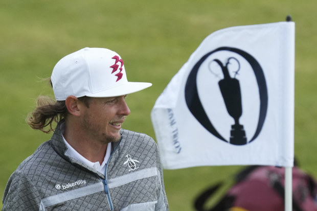 Cameron Smith of Australia waits to putt on the 15th hole during a practice round ahead of the British Open Golf Championships at Royal Troon golf club in Troon, Scotland, Tuesday, July 16, 2024. (AP Photo/Jon Super)