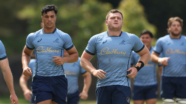 Joseph-Aukuso Suaalii and Angus Bell during Wallabies training at Victoria Barracks.