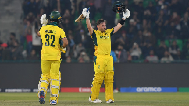 Josh Inglis of Australia celebrates his century during the ICC Champions Trophy 2025 match between Australia and England at Gaddafi Stadium on February 22, 2025 in Lahore, Pakistan. (Photo by Sameer Ali/Getty Images)