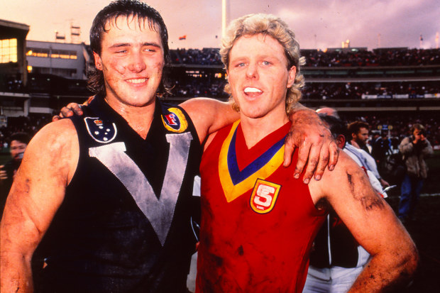 Tony Lockett and Dermott Brereton of Victoria pose after the 1989 State of Origin match between Victoria and South Australia at the MCG, 1989.