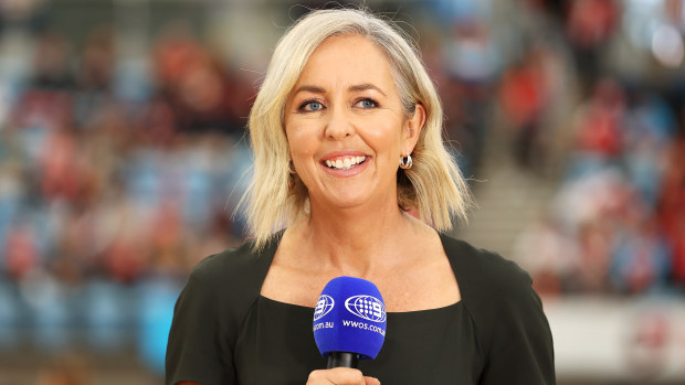 Commentator and former player Liz Ellis speaks on Channel Nine ahead of the Super Netball.