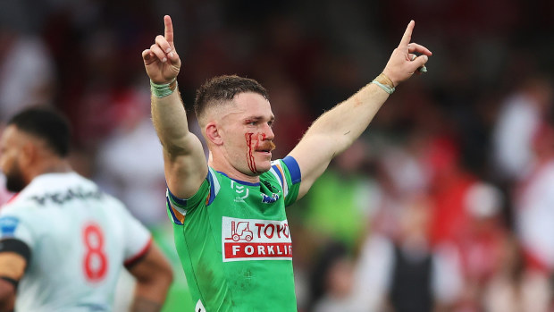 Tom Starling of the Raiders celebrates on the final whistle during the round 27 NRL match between St George Illawarra Dragons and Canberra Raiders at Netstrata Jubilee Stadium, on September 07, 2024, in Sydney, Australia. (Photo by Mark Metcalfe/Getty Images)